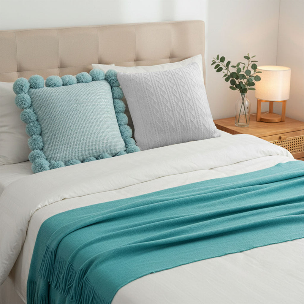 SOGA 3PC Cozy Knit Set – Teal Throw Blanket with Decorative Knitted Pillow Covers (Blue Ribbed & Cable Knit Design)