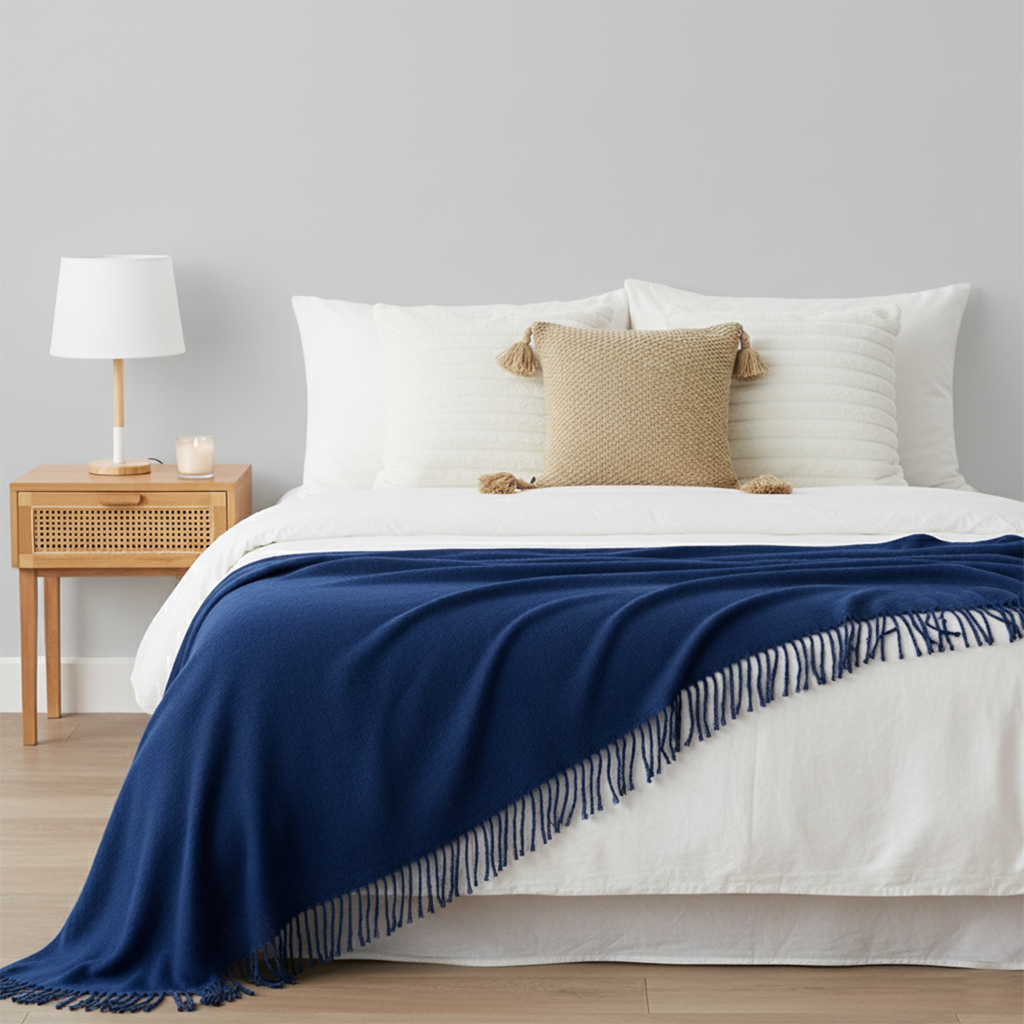 SOGA 5PC Set – Royal Blue Knitted Throw with Fringes + Beige Chunky Knit & White Textured Pillowcases