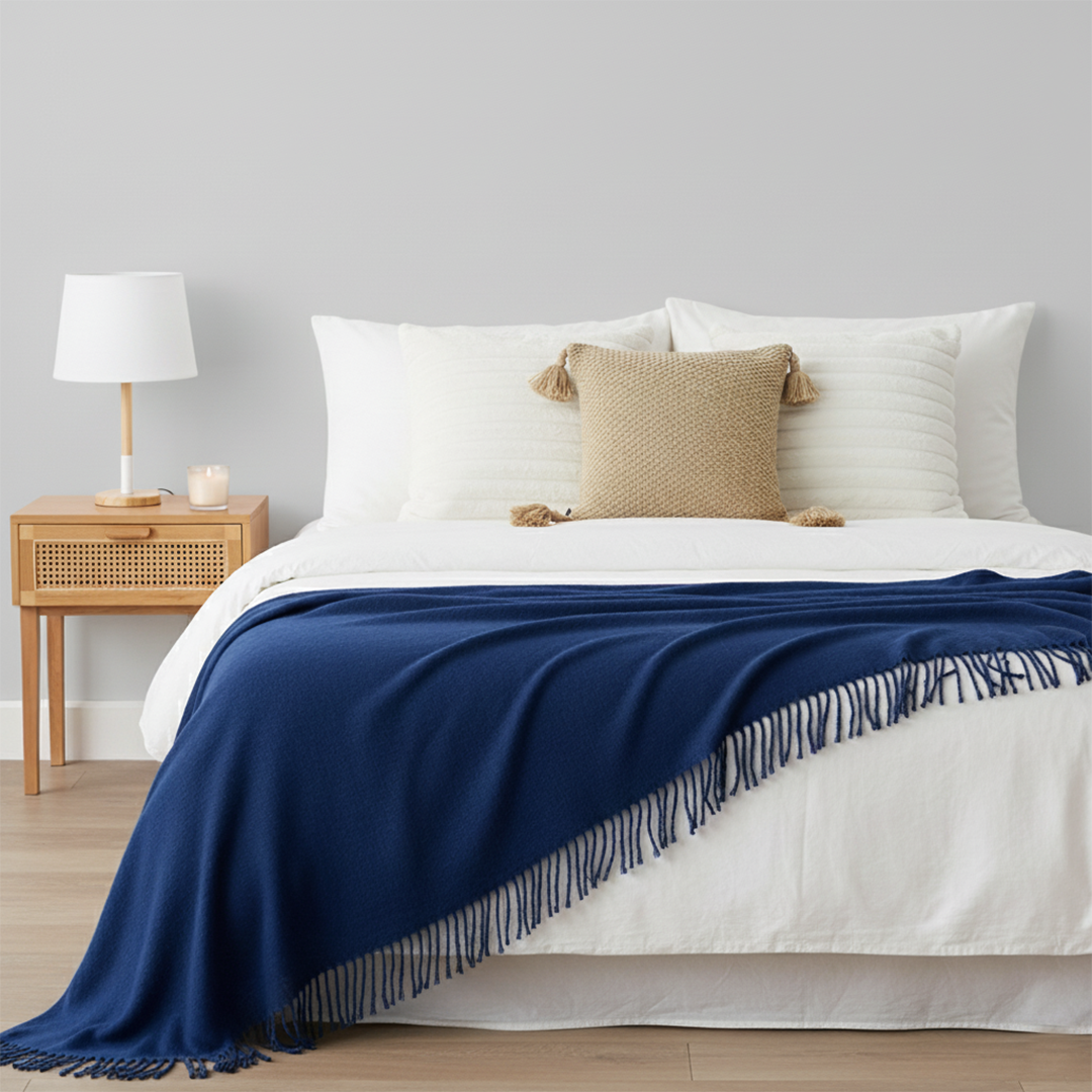 SOGA 5PC Set – Royal Blue Knitted Throw with Fringes + Beige Chunky Knit & White Textured Pillowcases