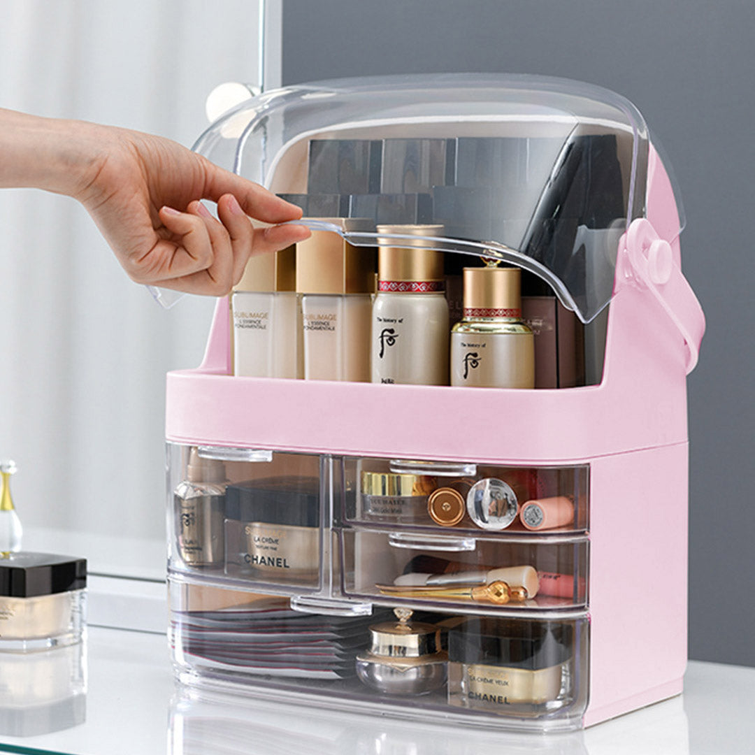 SOGA 3 Tier Pink Countertop Makeup Cosmetic Storage Organiser Skincare Holder Jewelry Storage Box with Handle