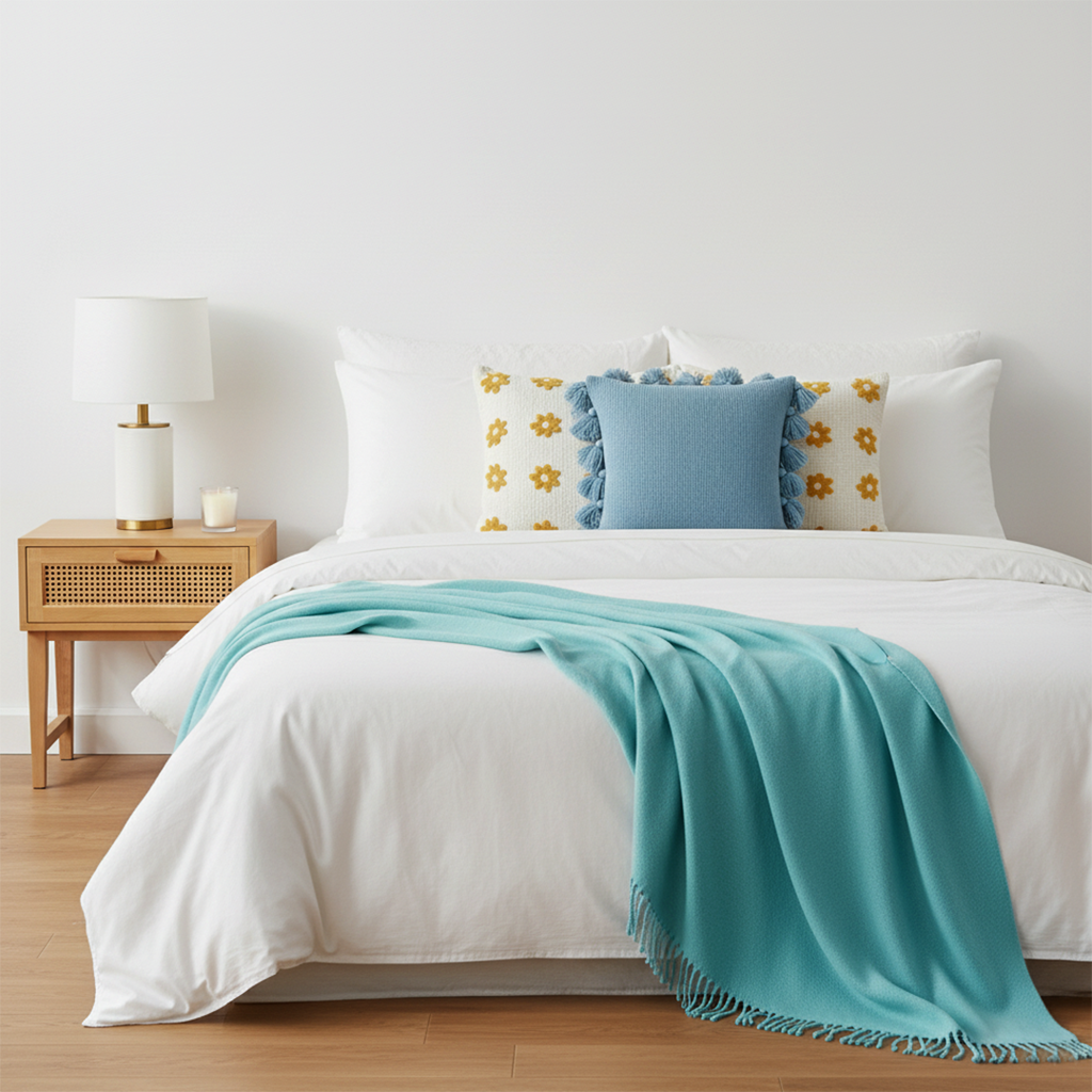 SOGA 4PC Set – Teal Knitted Throw Blanket + Sky Blue & Daisy Pillowcases – Cozy Home Decor