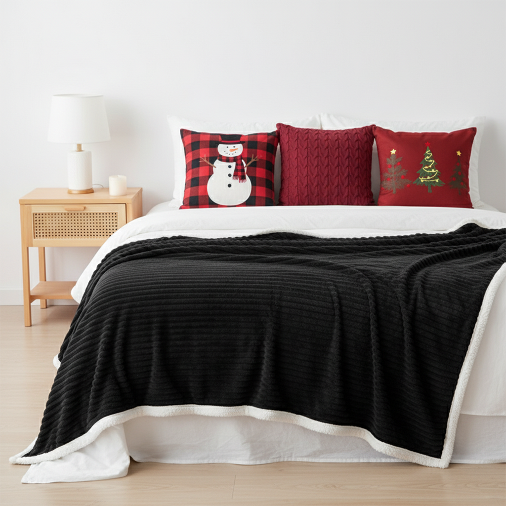 SOGA 5PC Christmas Set – Flannel Throw + Red Cable Knit, Tree Trio & Snowman Pillowcases