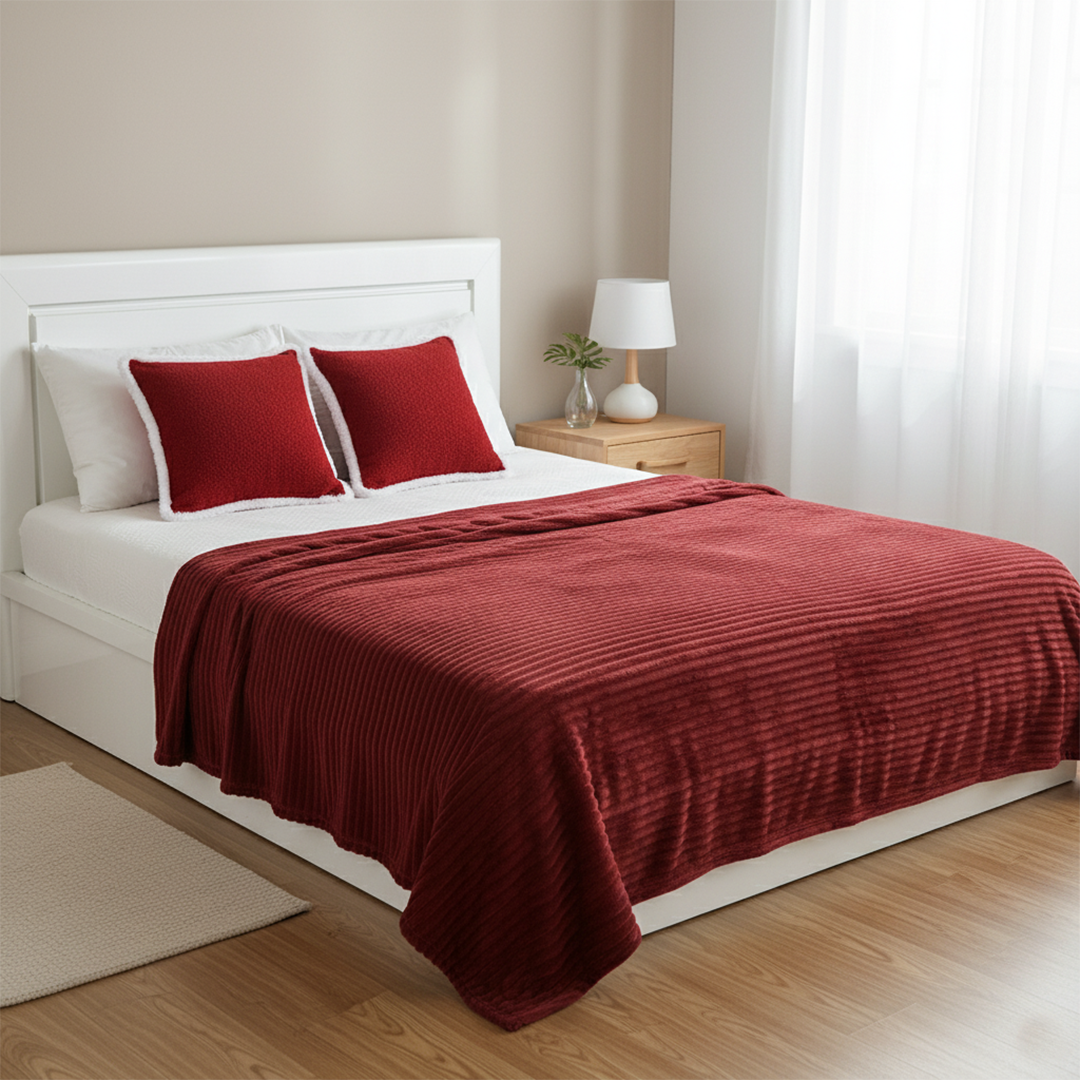 SOGA 3PC Cozy Set – Striped Flannel Throw Blanket with 2 Plush Crimson Red Pillow Covers