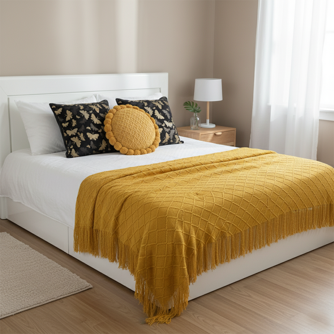 SOGA 4PC Yellow Diamond Knitted Throw Blanket with Tassels, 2x 45cm Vintage Butterfly & 45cm Quilted Luxury Pillowcases