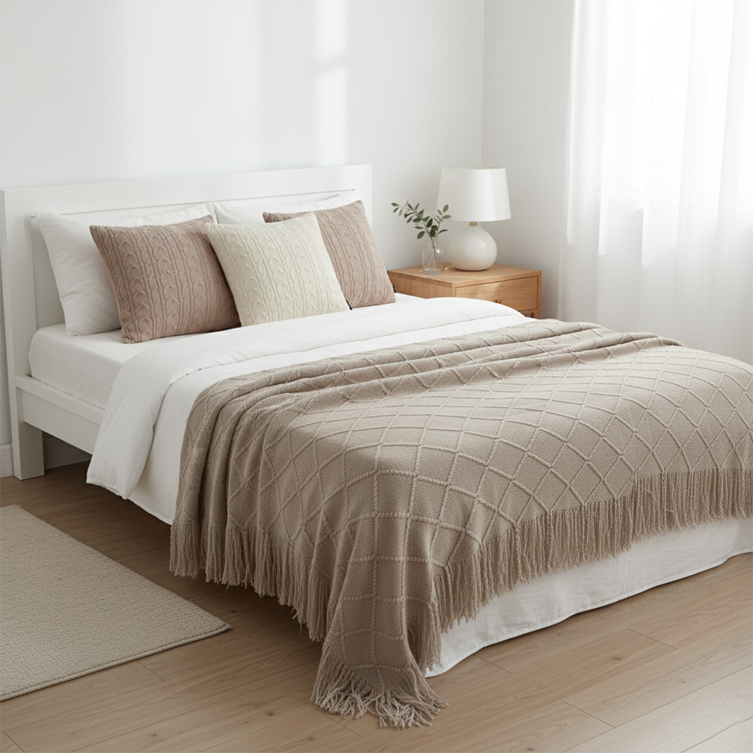 SOGA 4PC Set – Coffee Diamond Knitted Throw with Tassels + Dusty Rose & Cream Cable Knit Pillowcases – Cozy Decor