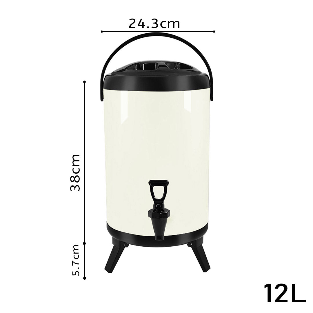 SOGA 4X 12L Stainless Steel Insulated Milk Tea Barrel Hot and Cold Beverage Dispenser Container with Faucet White