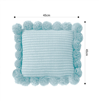 SOGA 45cm Light Blue Ribbed Pillow Cover with Pom Poms