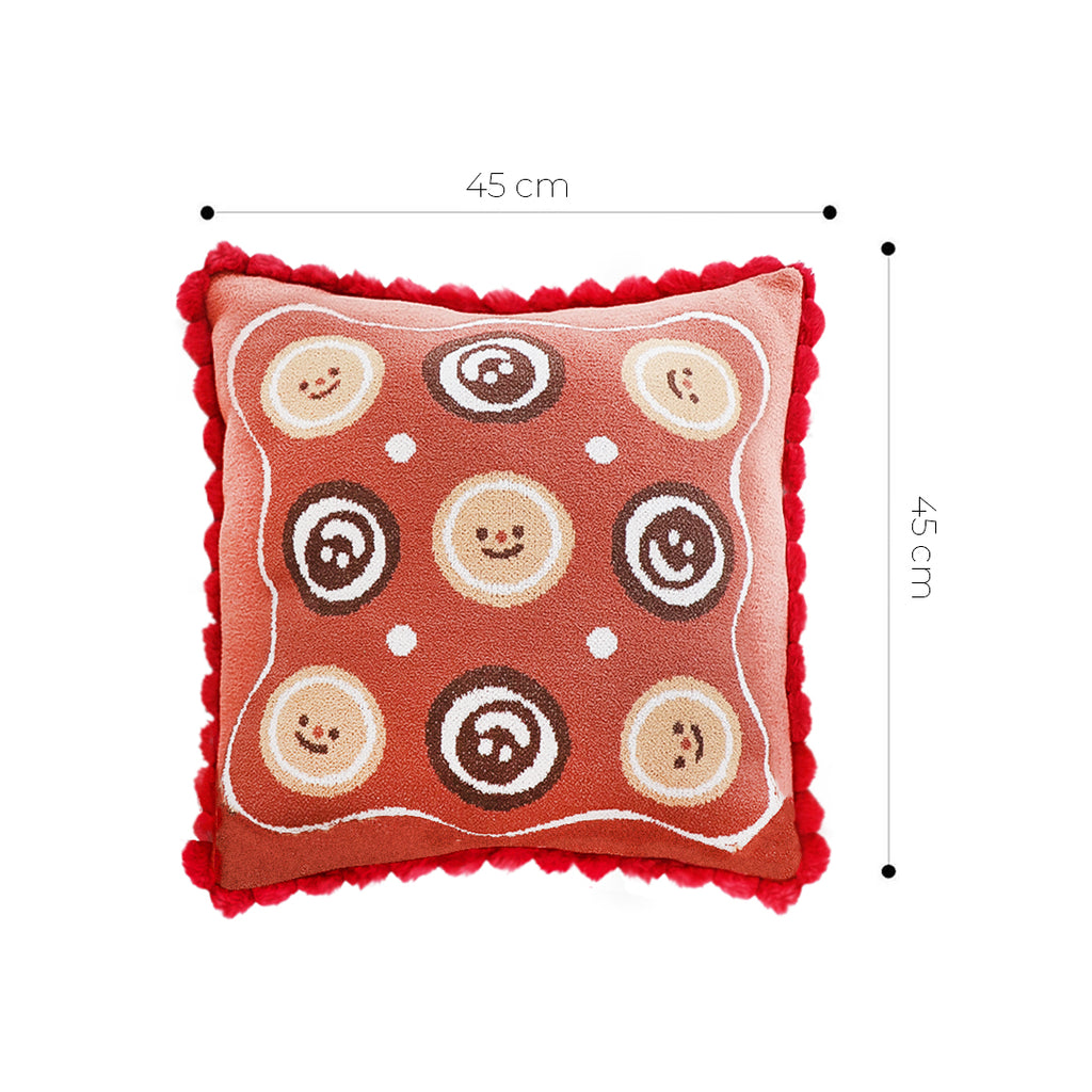 SOGA 45cm Gingerbread Cookie Smiley Face Square Pillowcase with Red Pom-Pom Trim