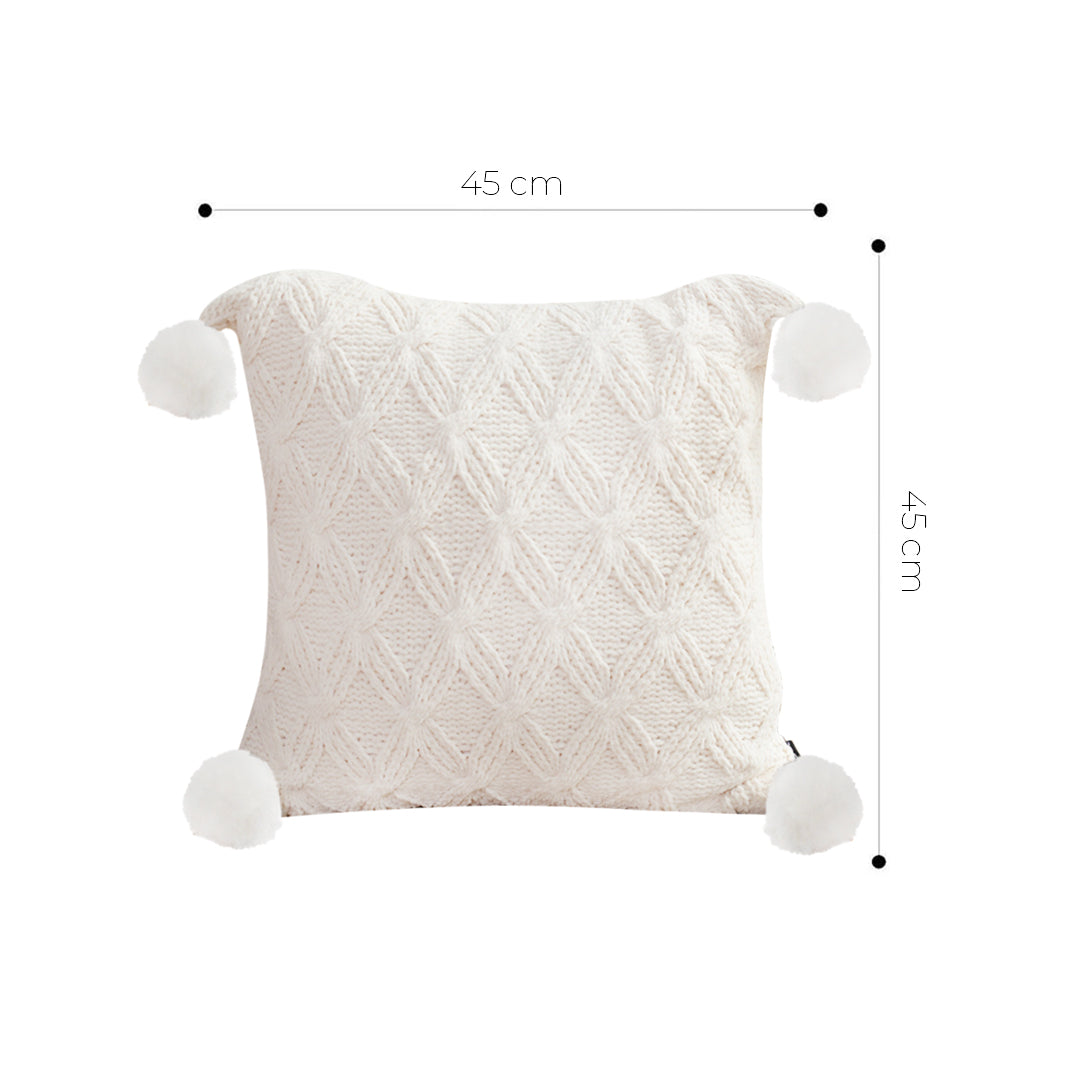 SOGA 45cm Luxurious Ivory Diamond Knit Throw Pillowcase with Pom Poms