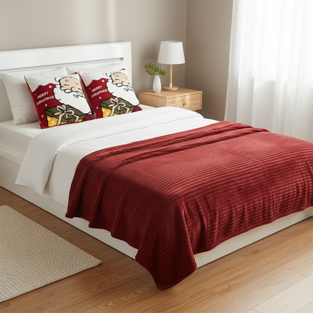 SOGA 3PC Christmas Set – Striped Flannel Throw Blanket with 2 Embroidered Santa Claus Pillow Covers