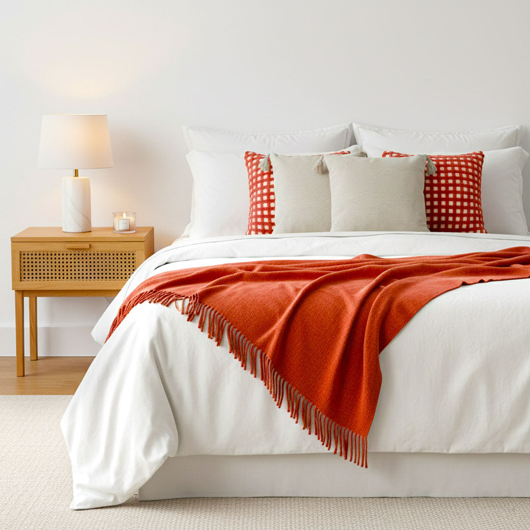 SOGA 5PC Set – Orange Knitted Throw with Fringes + Coral Polka Dot & Cream Tassel Pillowcases – Cozy Home Decor