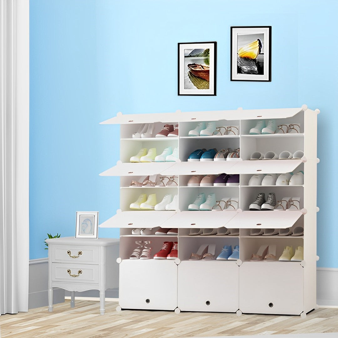 SOGA 7 Tier 3 Column White Shoe Rack Organizer Sneaker Footwear Storage Stackable Stand Cabinet Portable Wardrobe with Cover