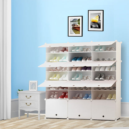 SOGA 7 Tier 3 Column White Shoe Rack Organizer Sneaker Footwear Storage Stackable Stand Cabinet Portable Wardrobe with Cover