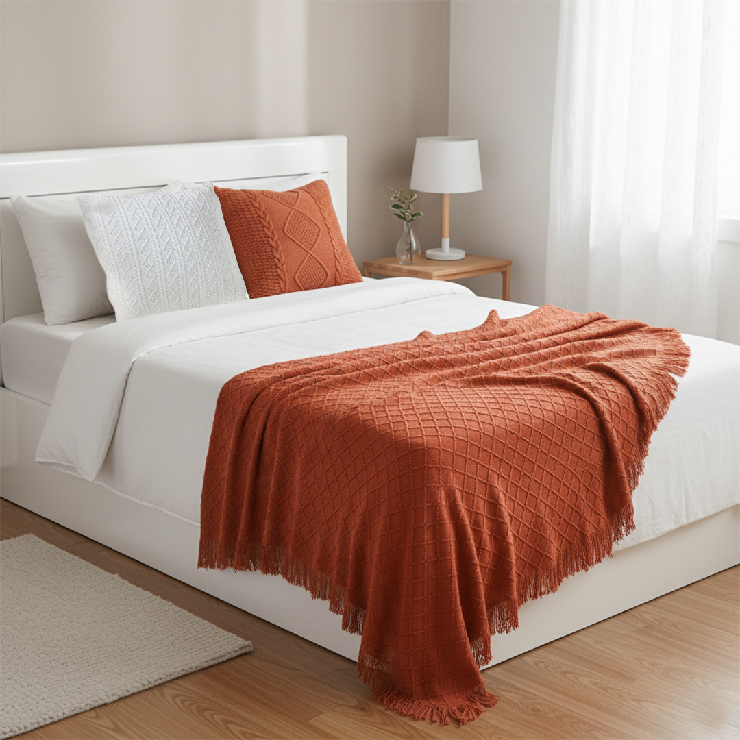 SOGA 3PC Cozy Red Knit Set – Diamond Throw Blanket with Cable Knit Pillow Covers (Diamond & Pure Design)