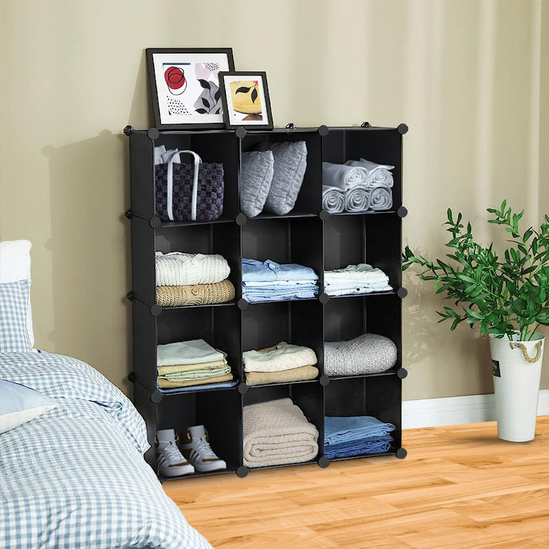 SOGA 4 Tier 12-Cube Black Portable Wardrobe Divide-Grid Modular Storage Organiser Foldable Closet