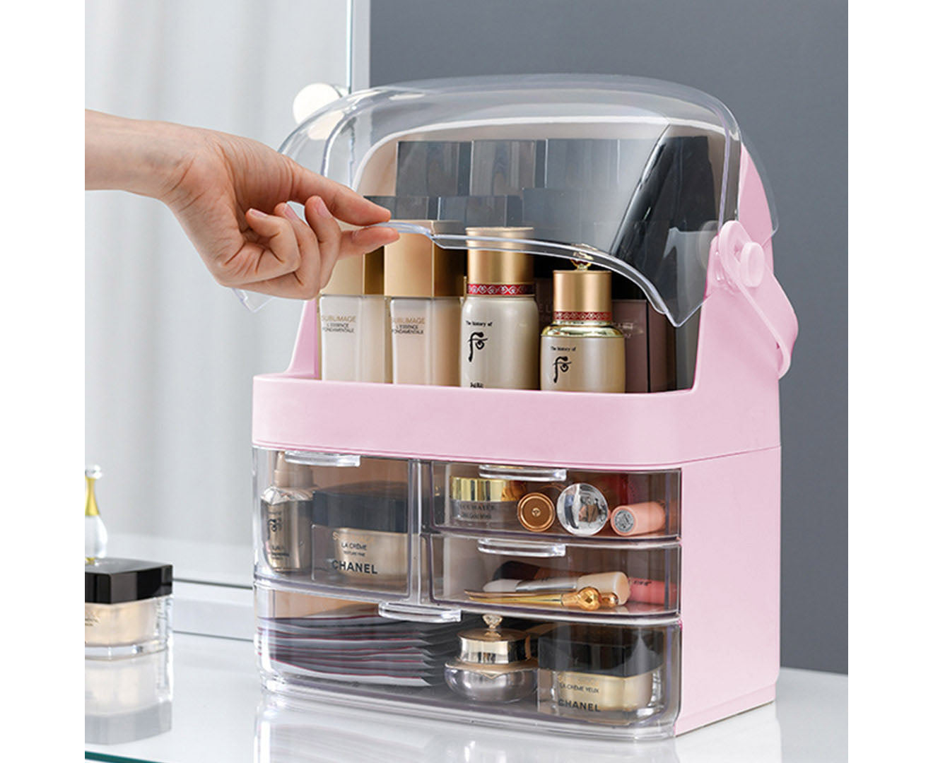 SOGA 2X 3 Tier Pink Countertop Makeup Cosmetic Storage Organiser Skincare Holder Jewelry Storage Box with Handle