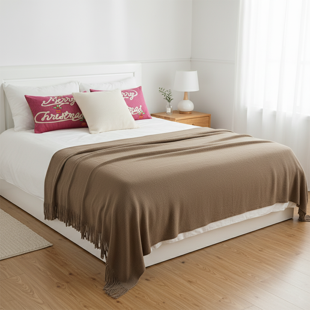 SOGA 4PC Christmas Set – Coffee Knitted Throw with Fringes + Script & Cream Pillowcases – Cozy Festive Decor