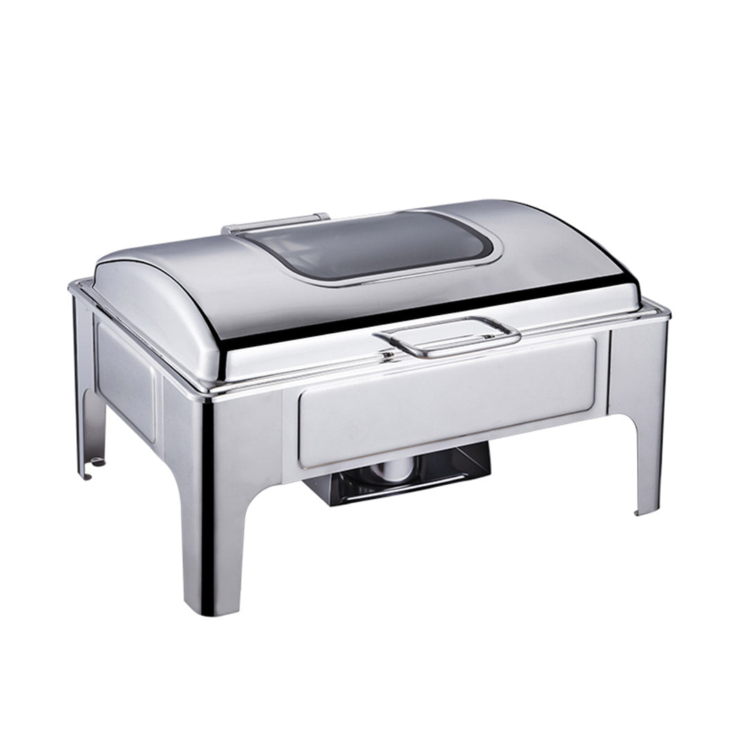 SOGA 4X 9L Rectangular Stainless Steel Soup Warmer Roll Top Chafer Chafing Dish Set with Glass Visual Window Lid