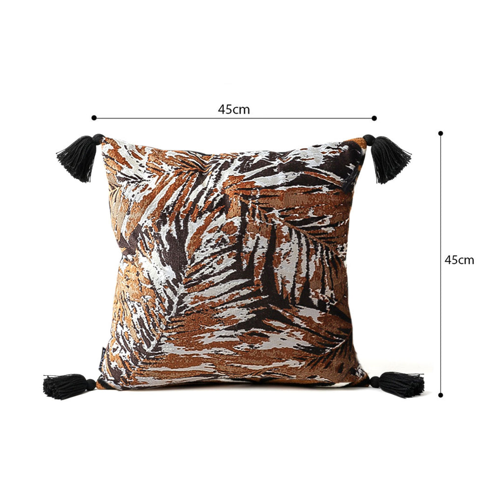 SOGA 45cm Velvet Brown/Black/Ivory Leaf Print Polyester Cushion Cover with Tassels