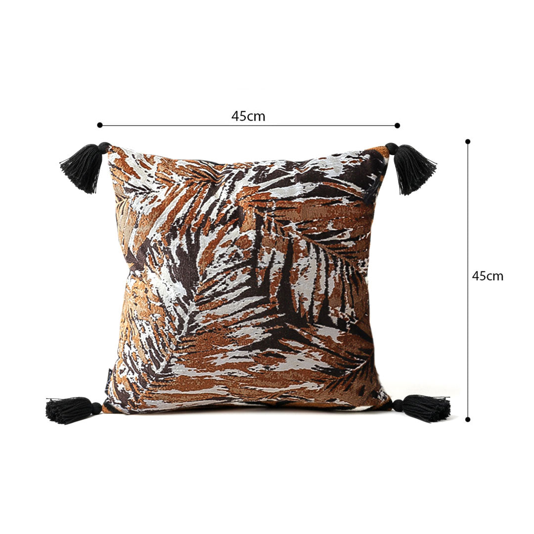 SOGA 45cm Velvet Brown/Black/Ivory Leaf Print Polyester Cushion Cover with Tassels