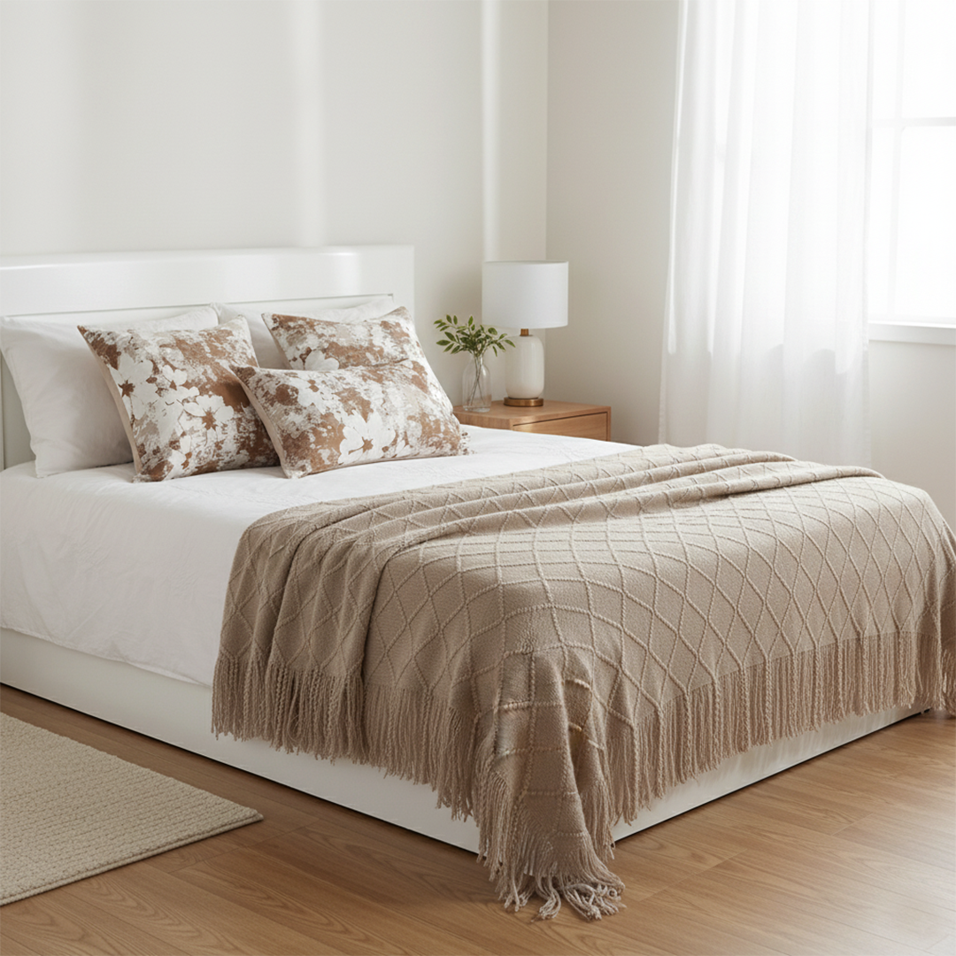 SOGA 4PC Set – Coffee Diamond Knitted Throw with Tassel + Rustic Bloom Pillowcases – Cozy Elegant Decor