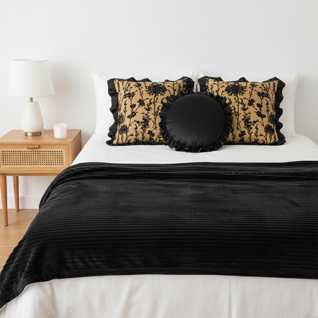 SOGA 4PC Set – Flannel Throw Blanket + Black & Gold Velvet Pillowcases & Lotus Round Pillow – Cozy Luxury Home Decor