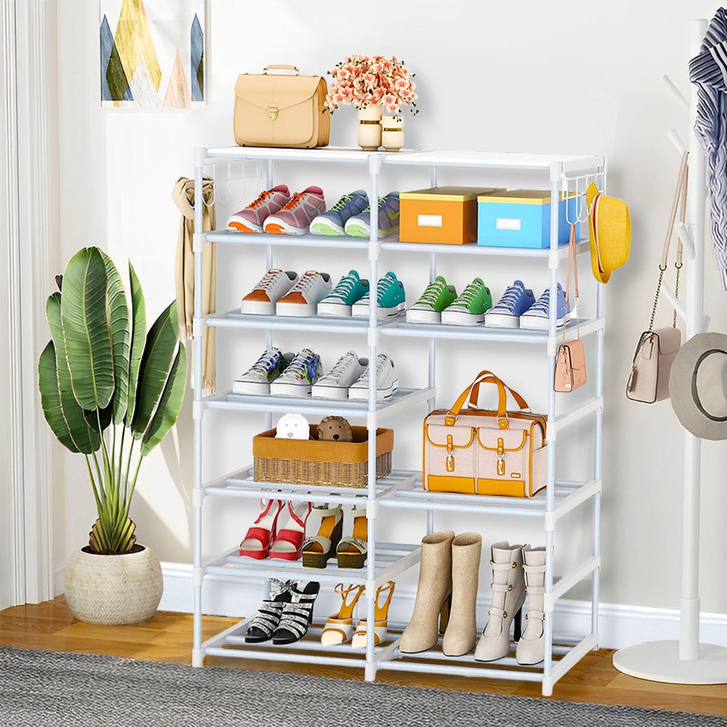 SOGA 2X 12-Shelf Tier Shoe Storage Shelf Space-Saving Caddy Rack Organiser with Side Hooks White