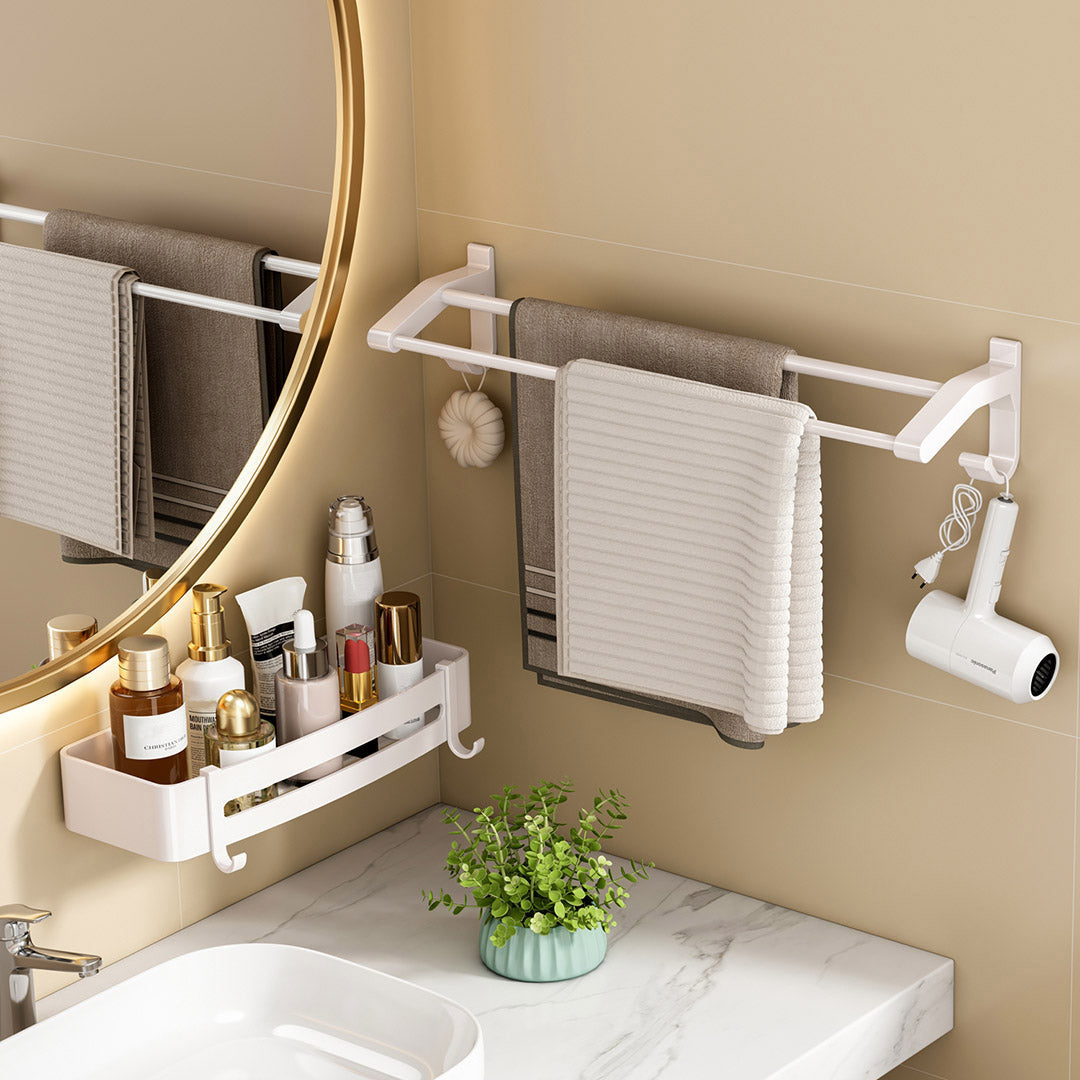 SOGA 52cm White Wall-Mounted Double Pole Towel Holder Bathroom Organiser Rail Hanger with Hooks