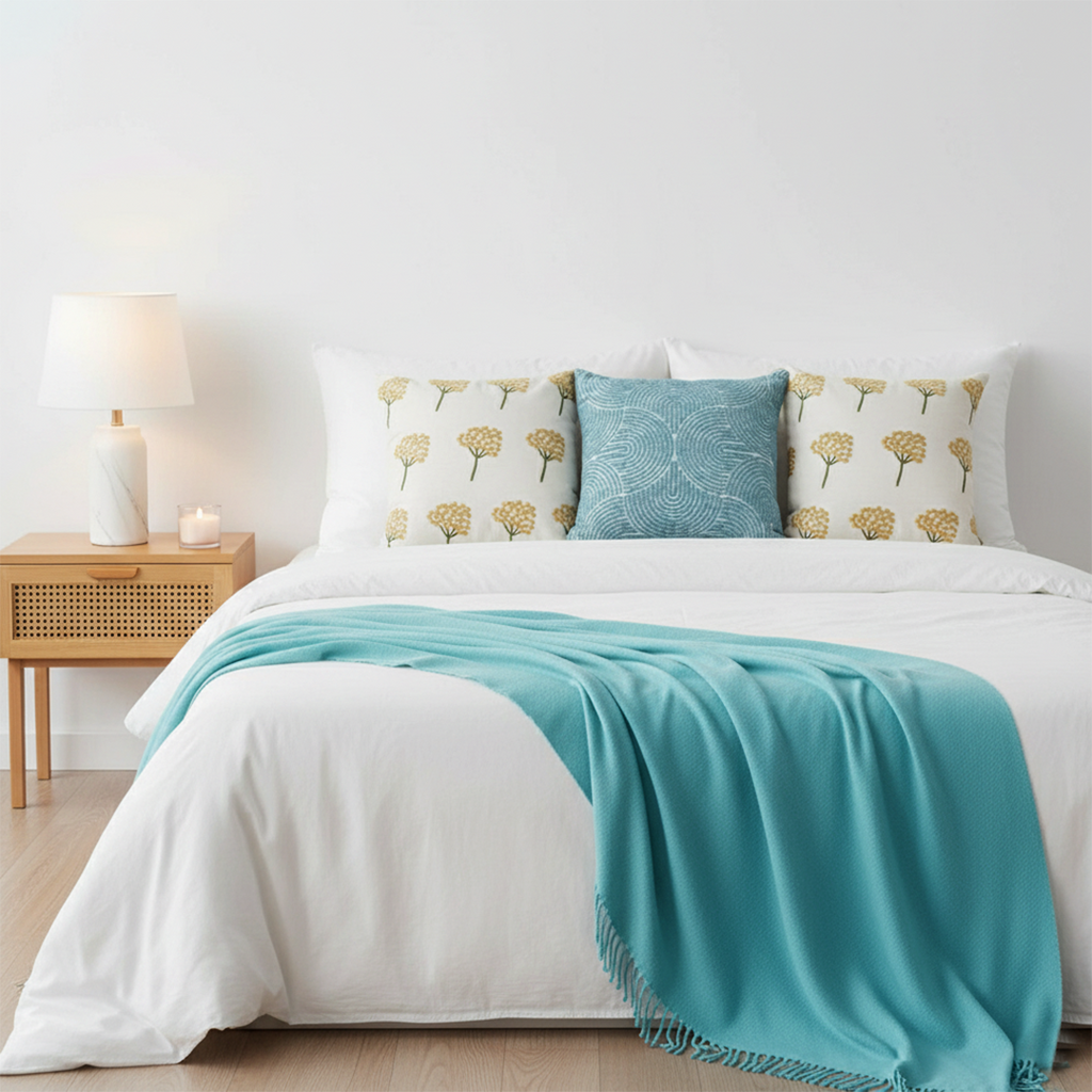 SOGA 5PC Set – Teal Knitted Throw Blanket with Sunny Dandelion & Blue Geometric Pillowcases – Cozy Home Decor