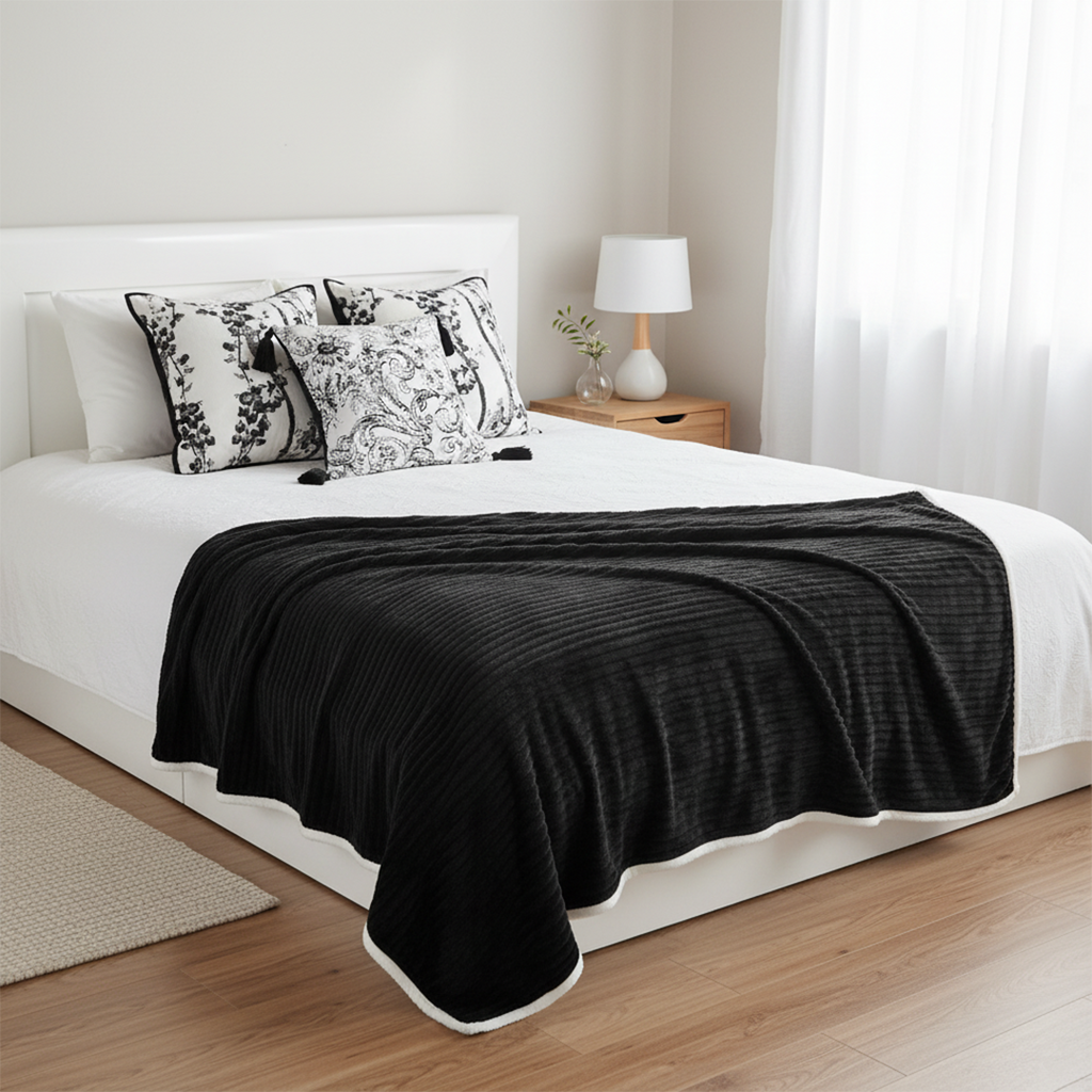 SOGA 4PC Set – Flannel Throw Blanket + Abstract & Botanical Black White Pillowcases – Cozy Modern Decor