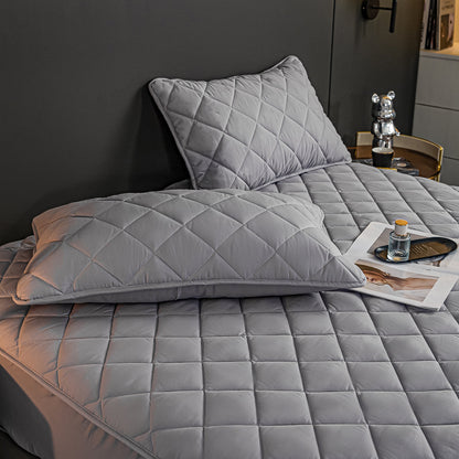 SOGA Grey 138cm Wide Cross-Hatch Mattress Cover Thick Quilted Stretchable Bed Spread Sheet Protector with Pillow Covers