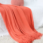 SOGA 2-Pack Acrylic Knitted Throw Blankets – Warm Cozy Woven Couch & Bed Covers with Fringes, Home Decor, Orange