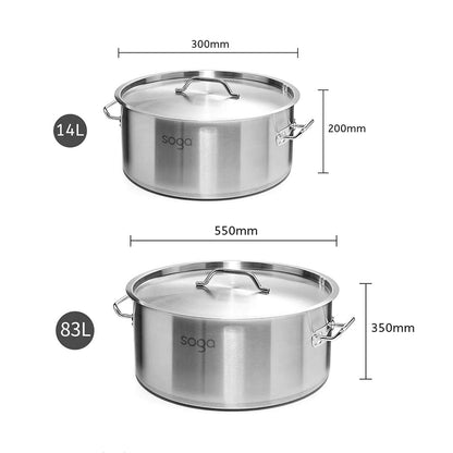 SOGA Stock Pot 14L 83L Top Grade Thick Stainless Steel Stockpot 18/10