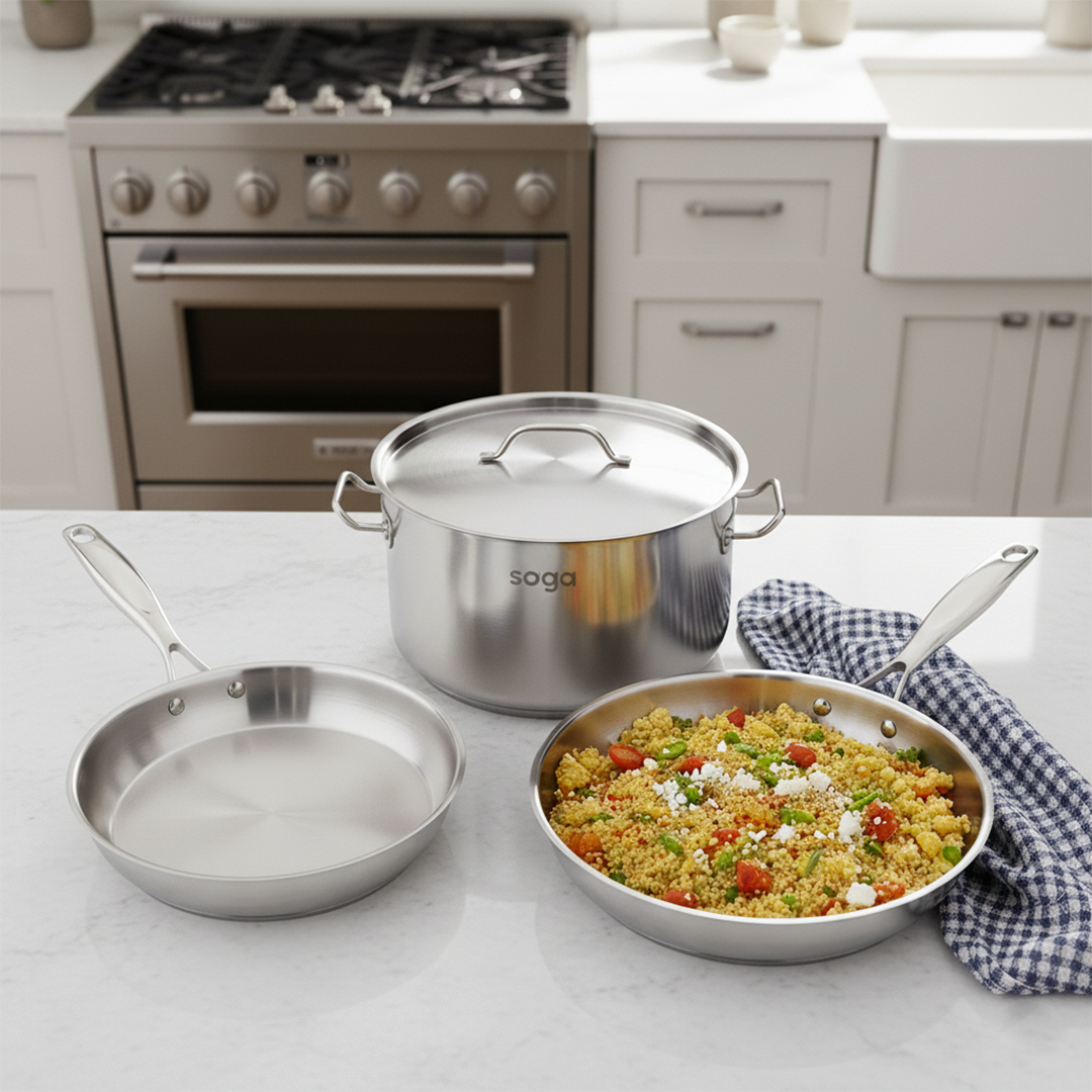 SOGA Essential Cooking Set – Stainless Steel Fry Pans (24cm & 28cm) + 17L Stock Pot, Silver
