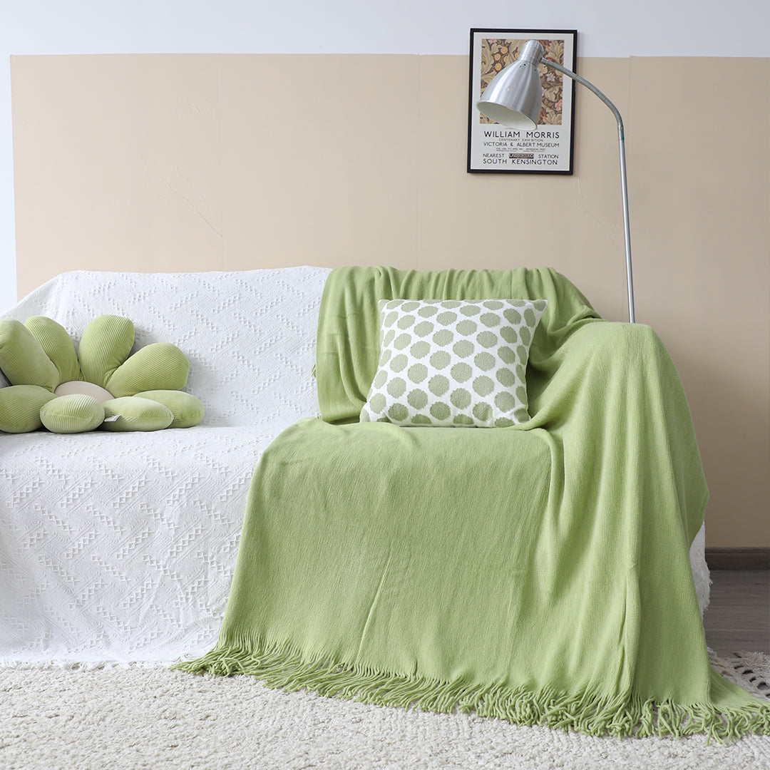 SOGA 2-Pack Acrylic Knitted Throw Blankets – Solid Warm Cozy Woven Covers with Fringes for Couch, Bed, Sofa, Home Decor, Green