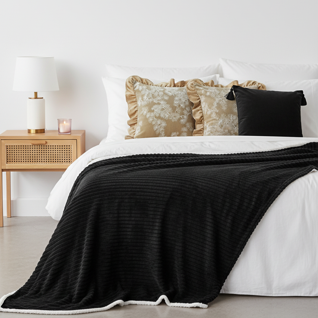 SOGA 5PC Set – Flannel Throw Blanket + Black Art Deco & Champagne Floral Ruffle Pillowcases – Cozy Decor