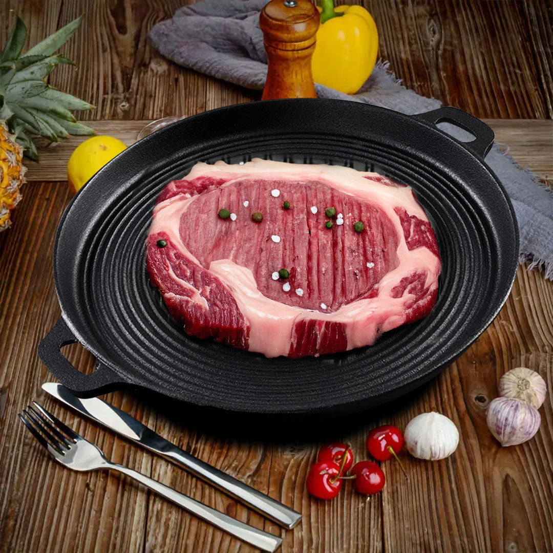 SOGA 2X 35cm Round Ribbed Cast Iron Frying Pan Skillet Steak Sizzle Platter with Handle