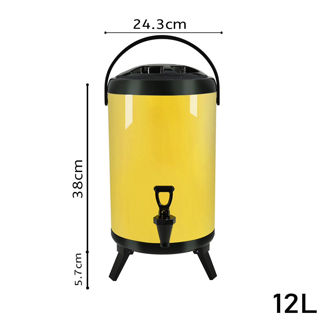 SOGA 4X 12L Stainless Steel Insulated Milk Tea Barrel Hot and Cold Beverage Dispenser Container with Faucet Yellow