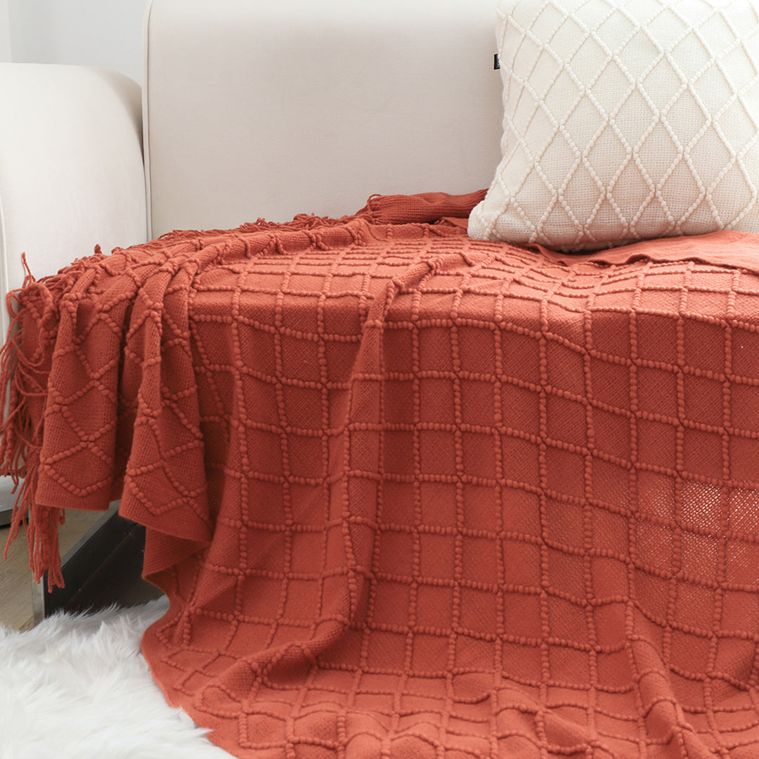 SOGA 2X Diamond Pattern Knitted Throw Blanket – Warm Cozy Woven Cover with Tassels for Couch, Bed, Sofa, Home Decor, Red