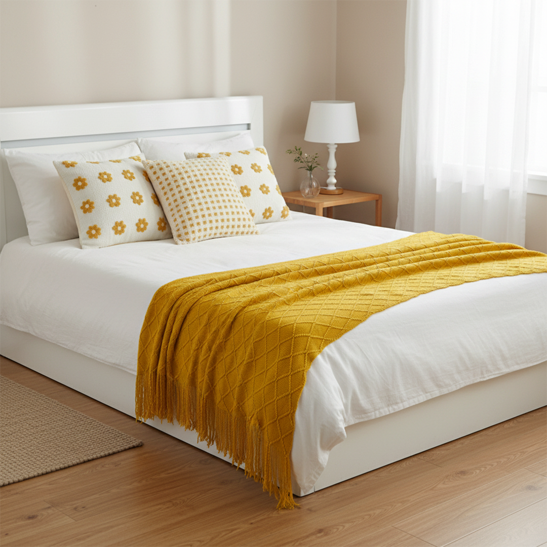 SOGA Yellow Diamond Throw with Tassels + Retro Daisy & Polka Dot Pillowcases – Cozy Home Decor Set