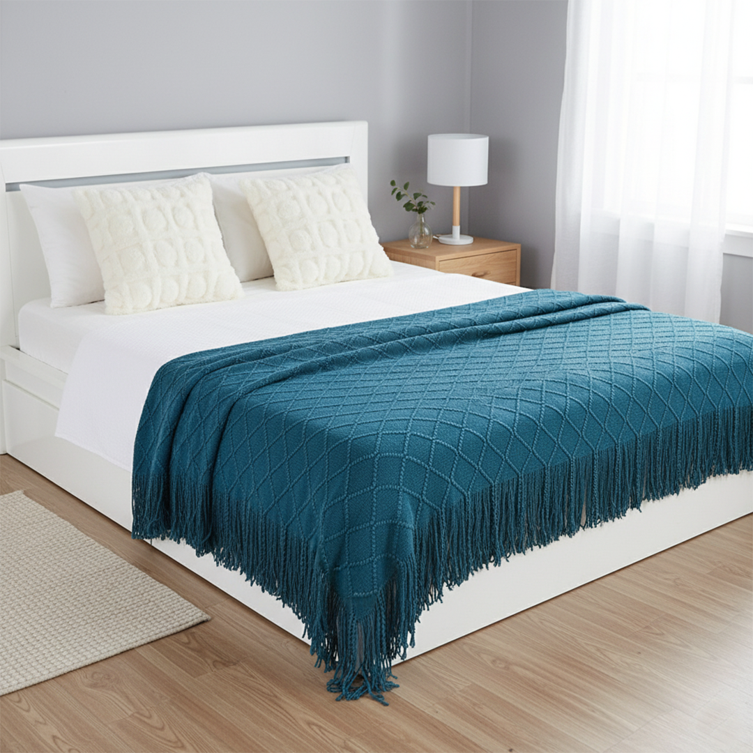 SOGA 3PC Cozy Set – Royal Blue Diamond Knit Throw Blanket with Cream Pom-Pom Grid Pillow Covers