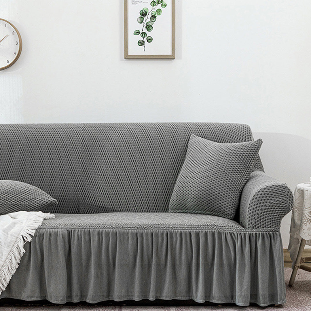 SOGA 3-Seater Grey Sofa with Ruffled Skirt Cover Couch Protector High Stretch Lounge Slipcover Home Decor