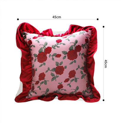 SOGA 45cm Rose Garden Pillow Cover with Burgundy Ruffle