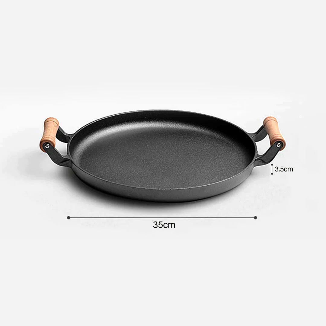 SOGA 2X 35cm Cast Iron Frying Pan Skillet Steak Sizzle Fry Platter With Wooden Handle No Lid