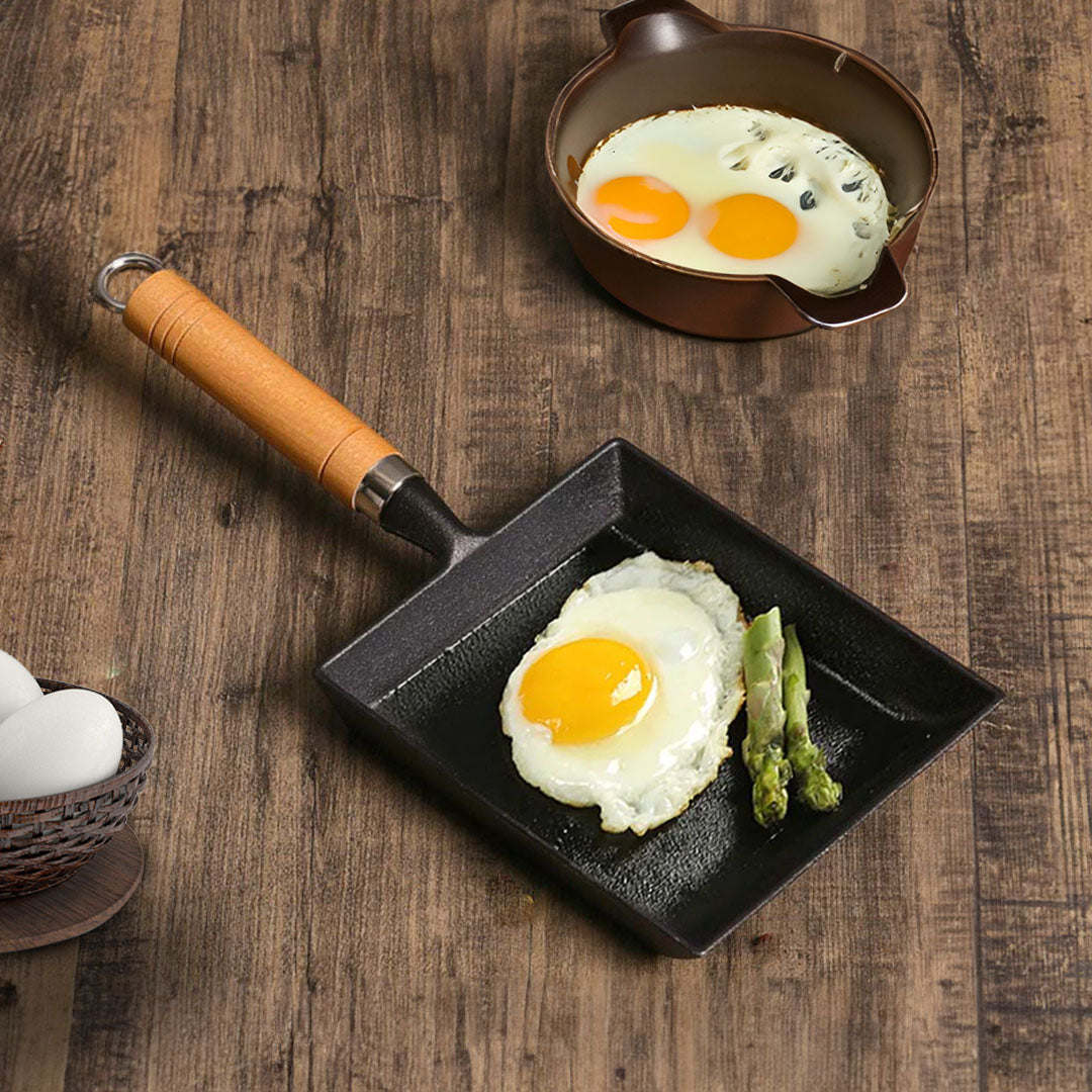 SOGA 2X Cast Iron Tamagoyaki Japanese Omelette Egg Frying Skillet Fry Pan Wooden Handle