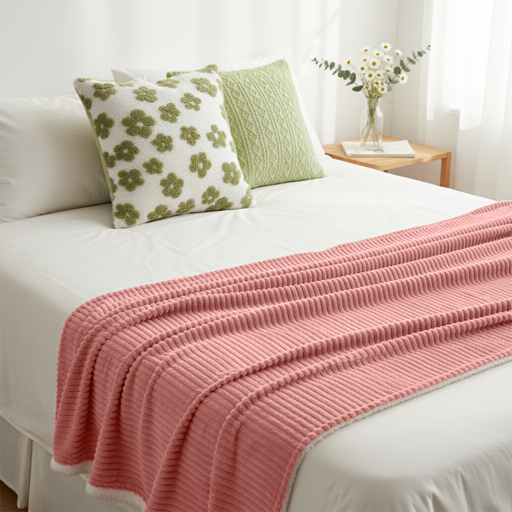 SOGA 3PC Cozy Set – Pink Flannel Throw Blanket with Decorative Pillow Covers (Garden Bloom & Cable Knit Fresh Design)