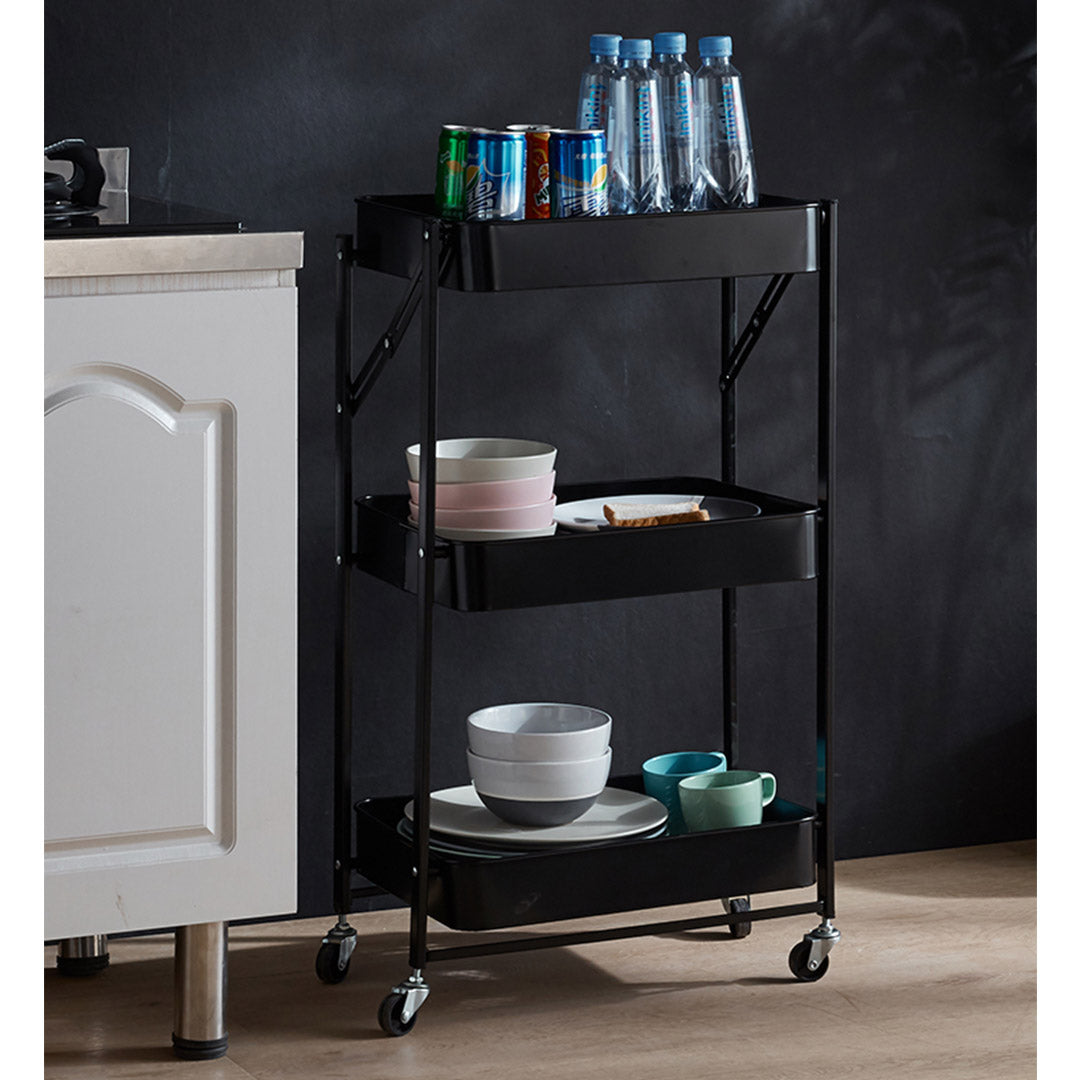 SOGA 3 Tier Steel Black Foldable Kitchen Cart Multi-Functional Shelves Portable Storage Organizer with Wheels