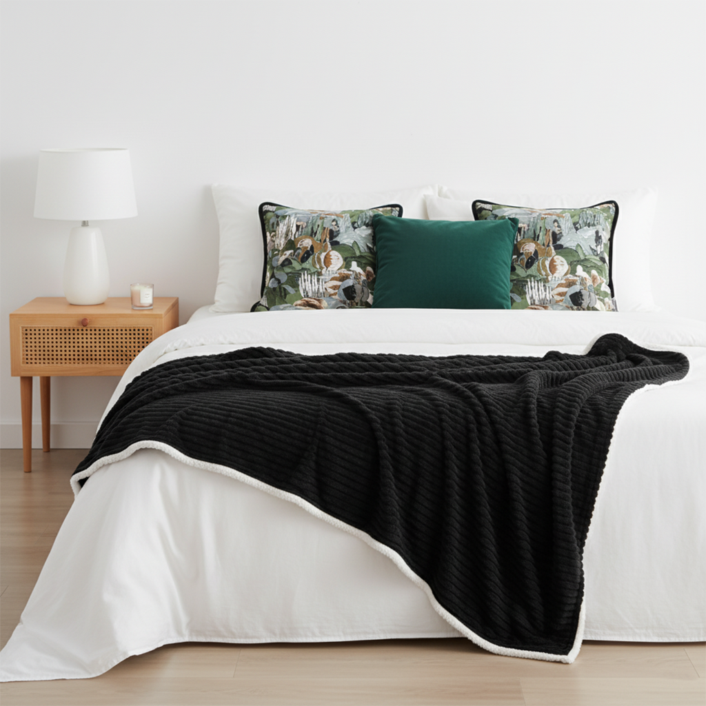 SOGA 4PC Set – Flannel Throw Blanket + Landscape Tapestry & Emerald Velvet Pillowcases – Cozy Decor