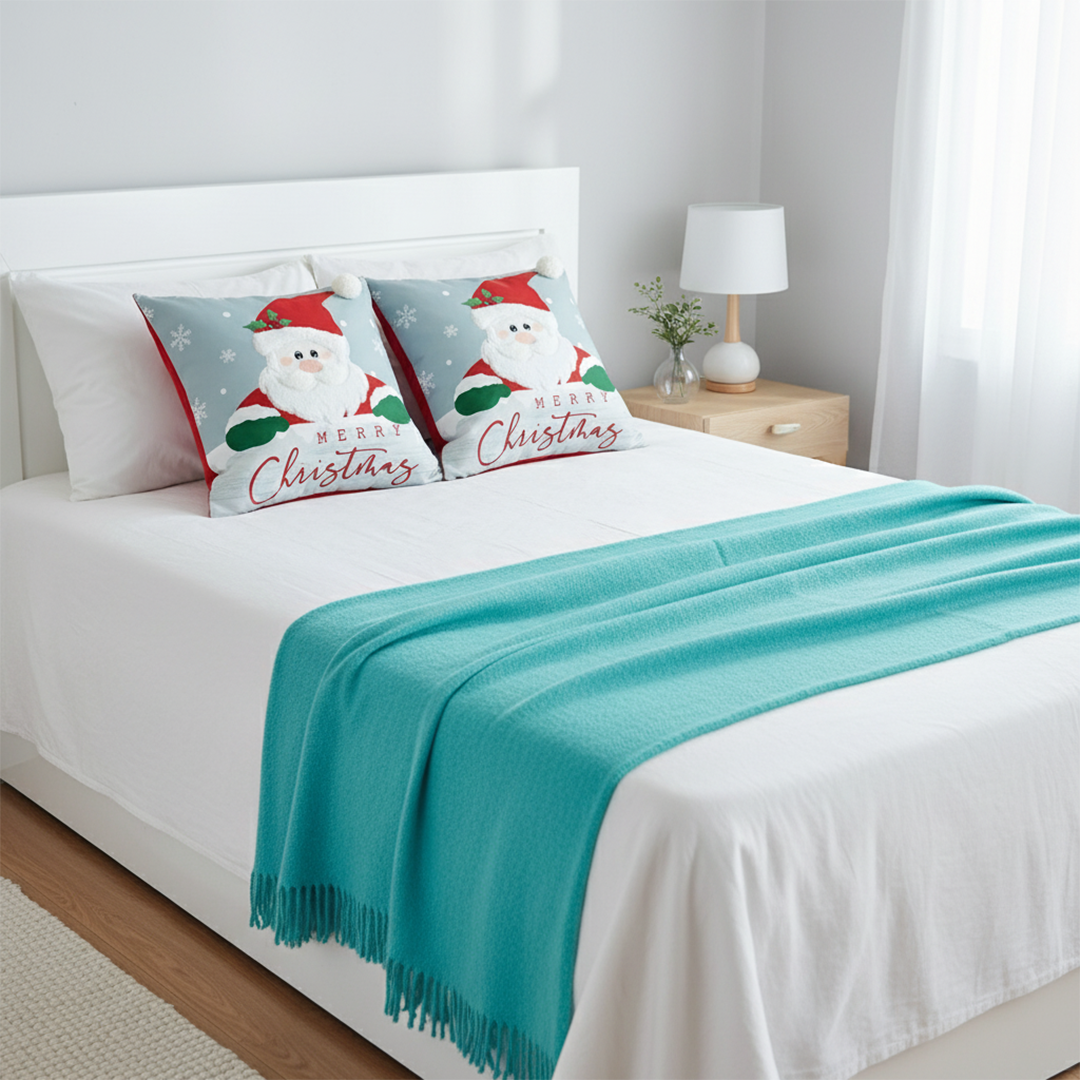 SOGA 4PC Holiday Set – Teal Knit Throw Blanket with Christmas & Light Blue Pom-Pom Pillow Covers