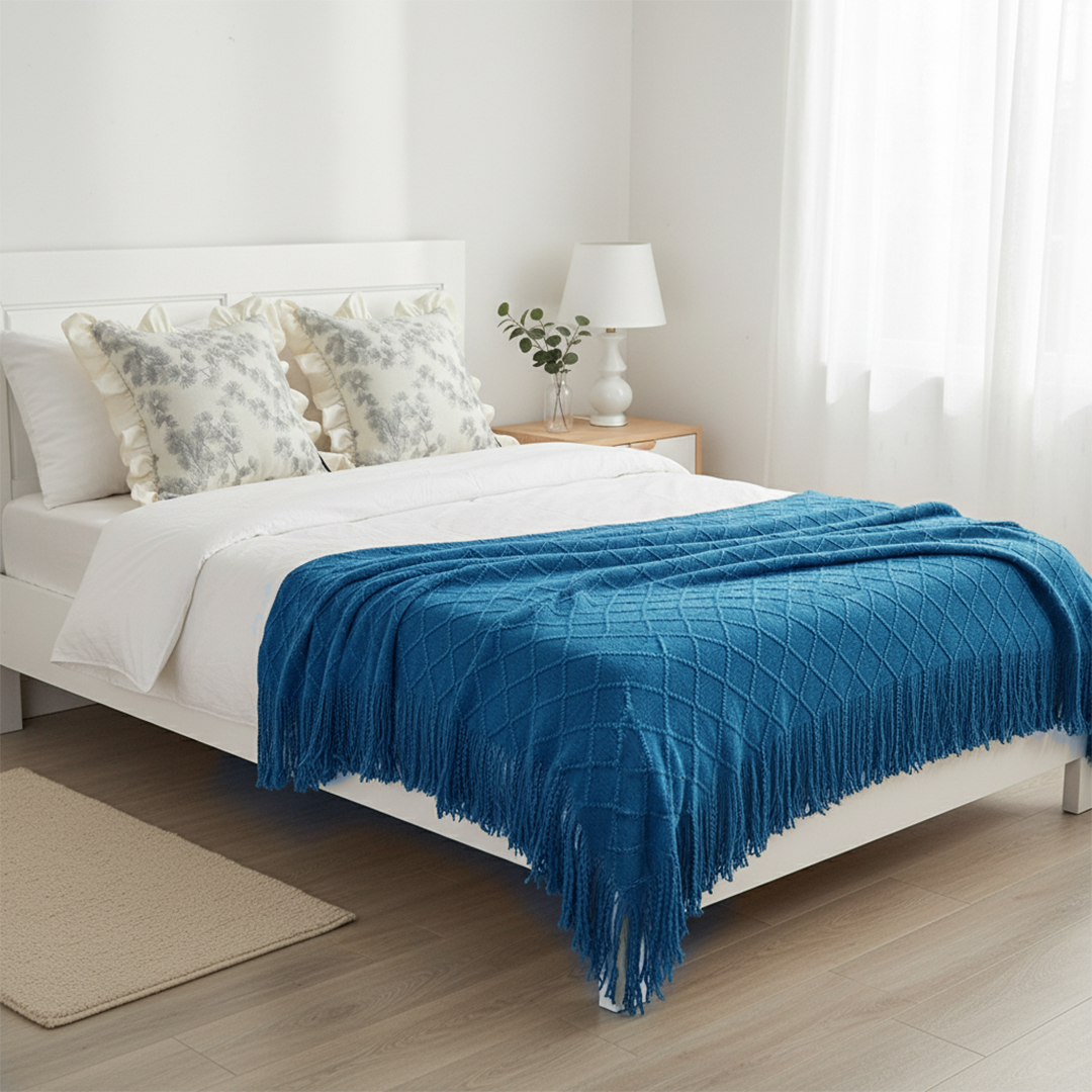 SOGA 3PC Cozy Set – Royal Blue Diamond Knit Throw Blanket with 2 White Floral Ruffle Trim Pillow Covers